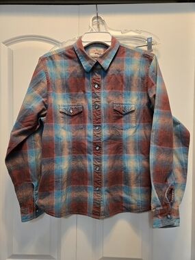 Vintage-Style Powder River Outfitters Plaid Snap front Shirt in Rust & Teal Sm